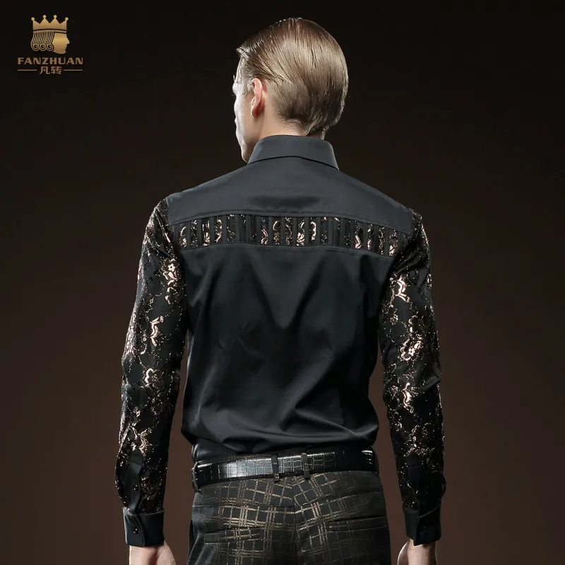 Fanzhuan,, новая мода, повседневная мужская черная тонкая рубашка с длинными рукавами,, сшитая рубашка, 512061, растительный узор