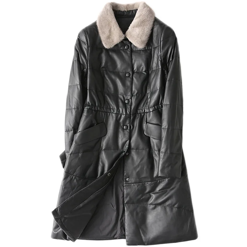 Высококачественное Женское пальто из натуральной кожи, модная однотонная верхняя одежда с воротником из меха норки, Женская приталенная куртка из овчины размера плюс 4XL