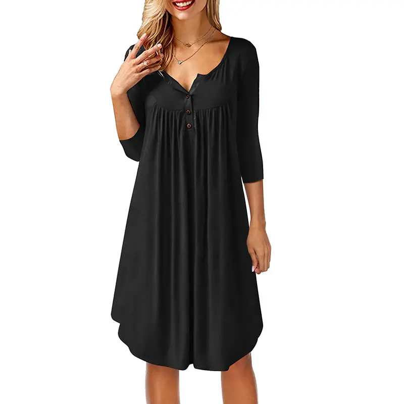 Fashion Casual Button Up Split Neck Dress Women Autumn Simple Solid Color Patchwork Three