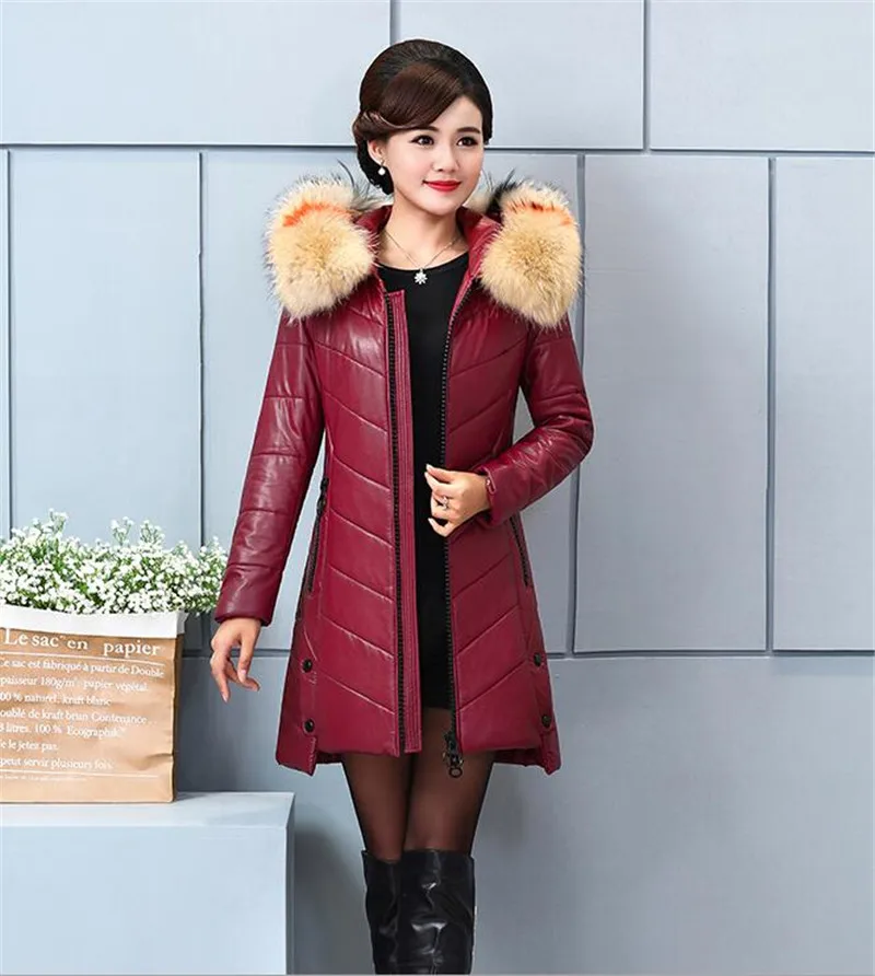 Большие размеры 7XL зимнее пальто из натуральной кожи женские плотный кашемир куртки женская верхняя одежда из овечьей кожи с капюшоном теплые куртки - Цвет: RED WINE Color fur