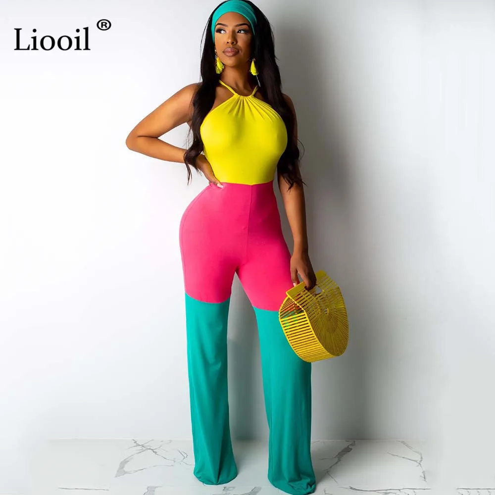 

Liooil Color Block Sexy One Piece Jumpsuits For Women Club Wear Night Out Outfits 2019 Backless Bodycon Party Jumpsuit Long Pant