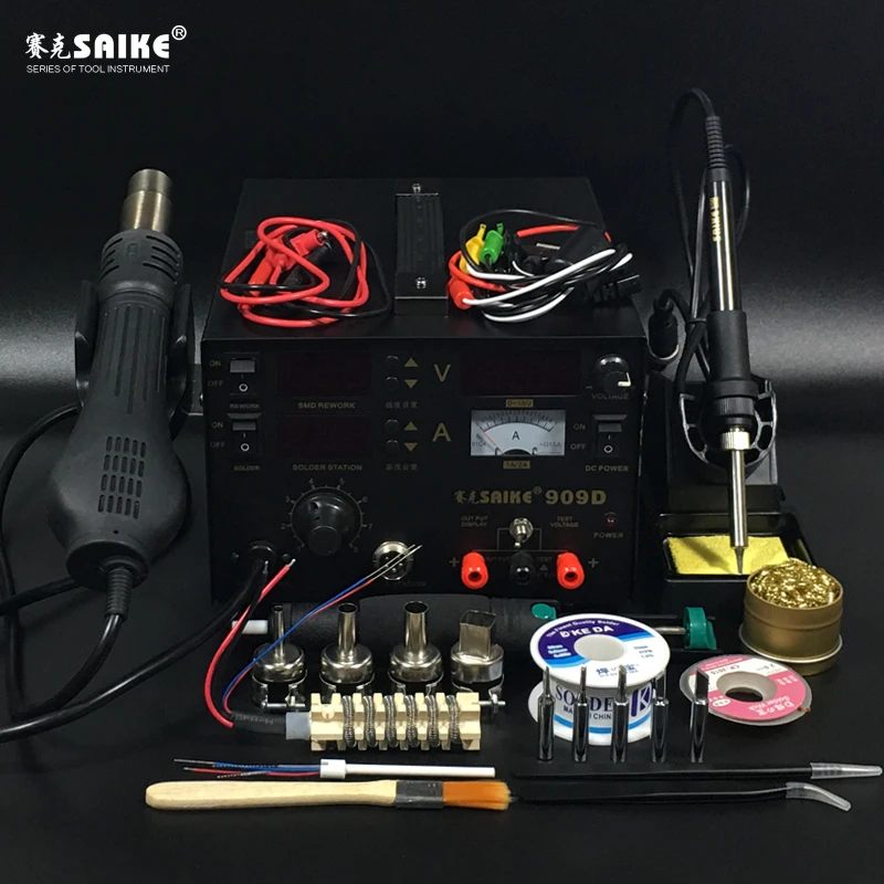 Паяльная станция 3 в 1 SAIKE 909D с термофеном паяльная Регулируемый источник питания