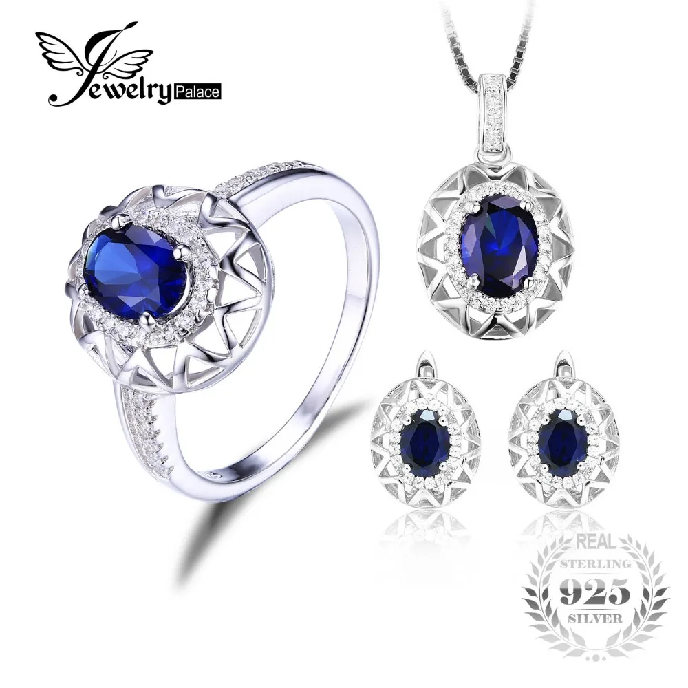 Jewelrypalace Oval 925 plata esterlina joyería conjunto azul creado anillo de zafiro pendiente marca Clip para las mujeres joyería fina - 1