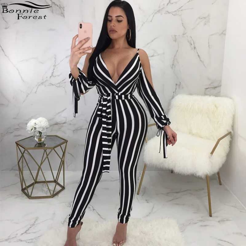 

Bonnie Forest Sexy Black Striped Strap Double V Neck Jumpsuit Women New Summer Long Sleeve Skinny Jumpsuit Rompers with Belts