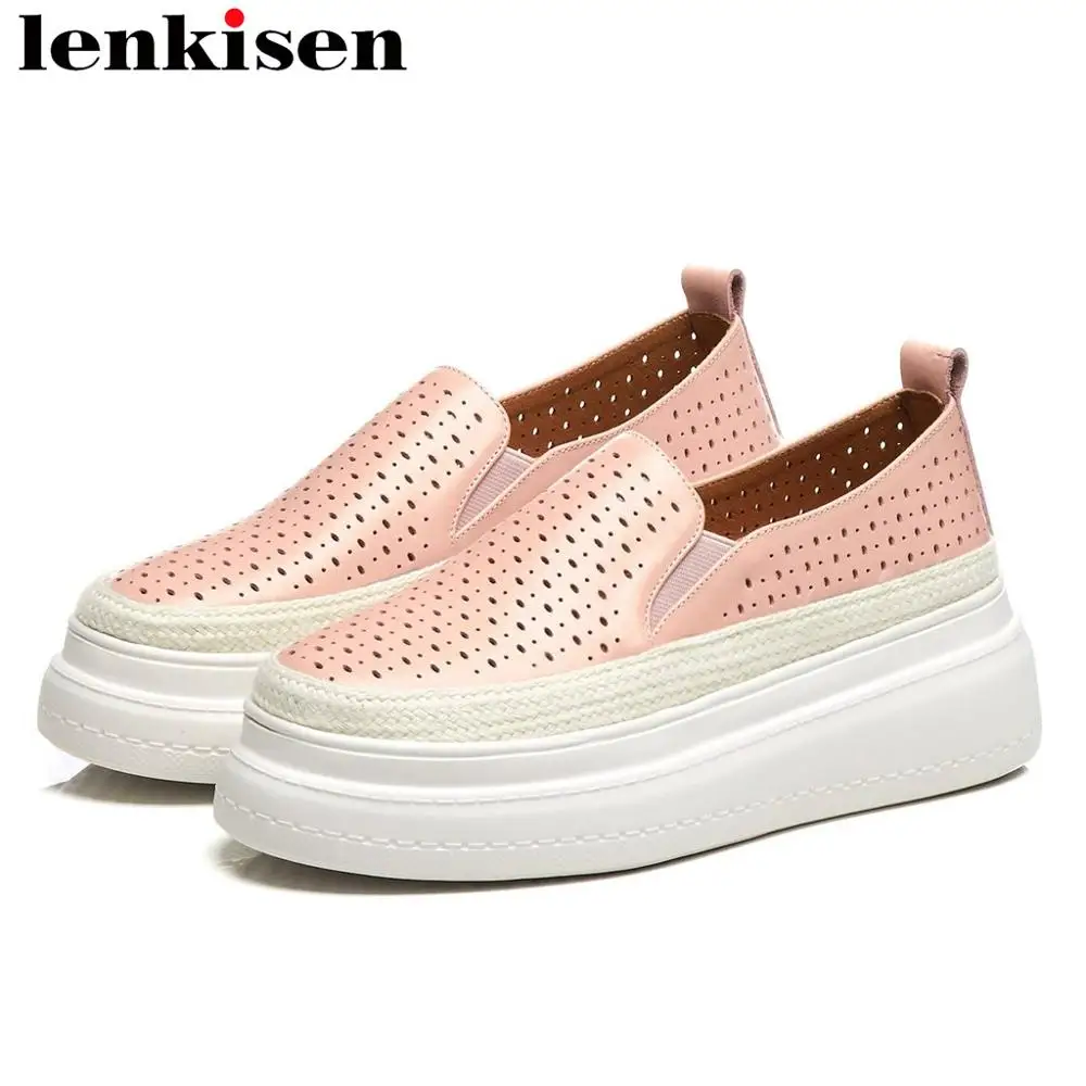 

Lenkisen real cow leather high bottom slip on breathable holes round toe loafers flat platform daily wear vulcanized shoes L15