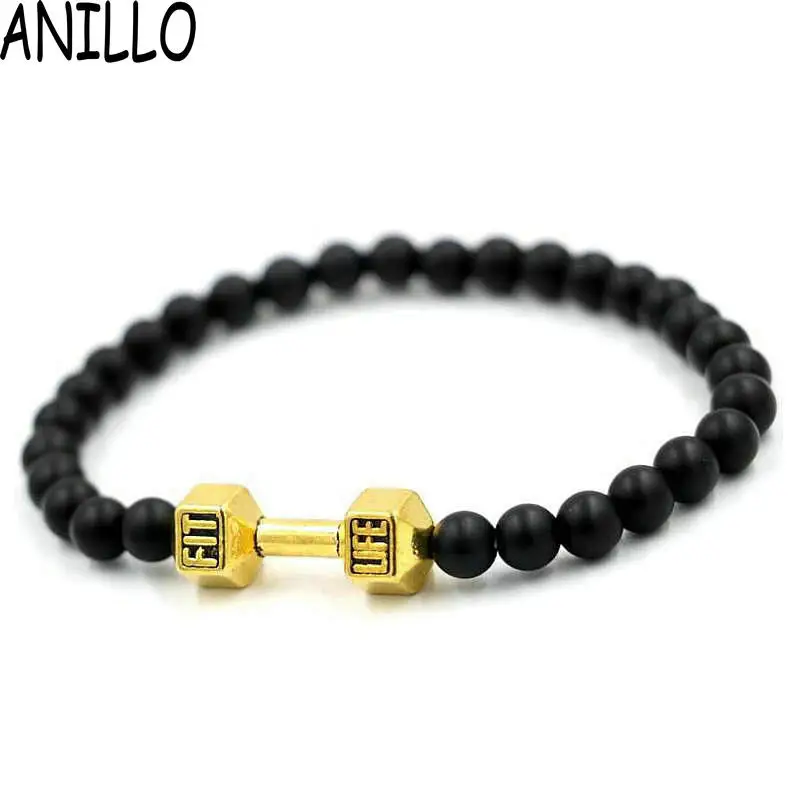 

ANILLO Unisex Metal Gold Color 6mm Beads Matte Dumbbell Bracelets Barbell Bangle Fitness Prayer Yoga Jewelry