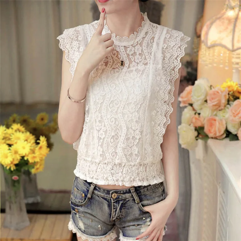 

2018 Round Neck Sleeveless Plain Blouse Pink Lace Yoke Bow Tie Open Back Knot Top For Ladies Women Elegant Blouse