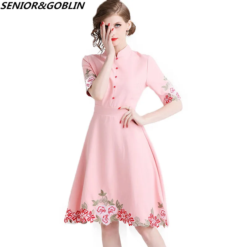 

New Arrive Spring Summer Midi Vestidos Women Pink Half Sleeve Embroidery Floral Dress Ladies Vintage Stand Collar Party Dress