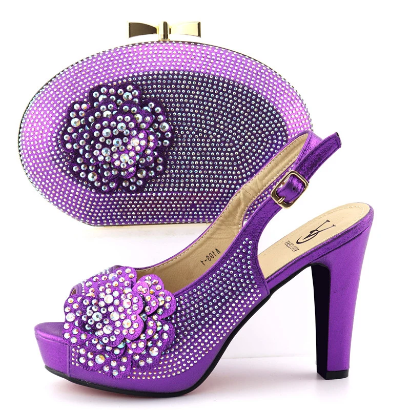Stones purple color shoes and bag matching set with many stones high