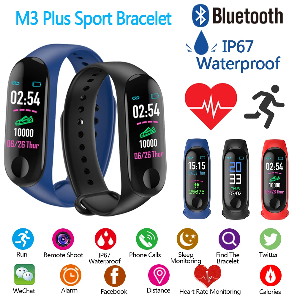 M3 Plus, умный Bluetooth браслет, спортивный шагомер, браслет, фитнес-часы, водонепроницаемые, пульс, бег, ходьба, счетчик шагов