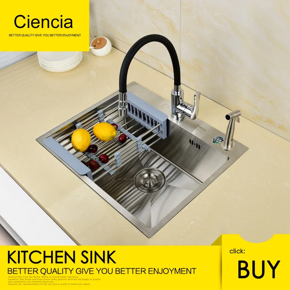 Free Shipping Ciencia Stainless Steel Brushed Nickel Undermounted handmake single bowl kitchen sink With Faucet For Kitchen