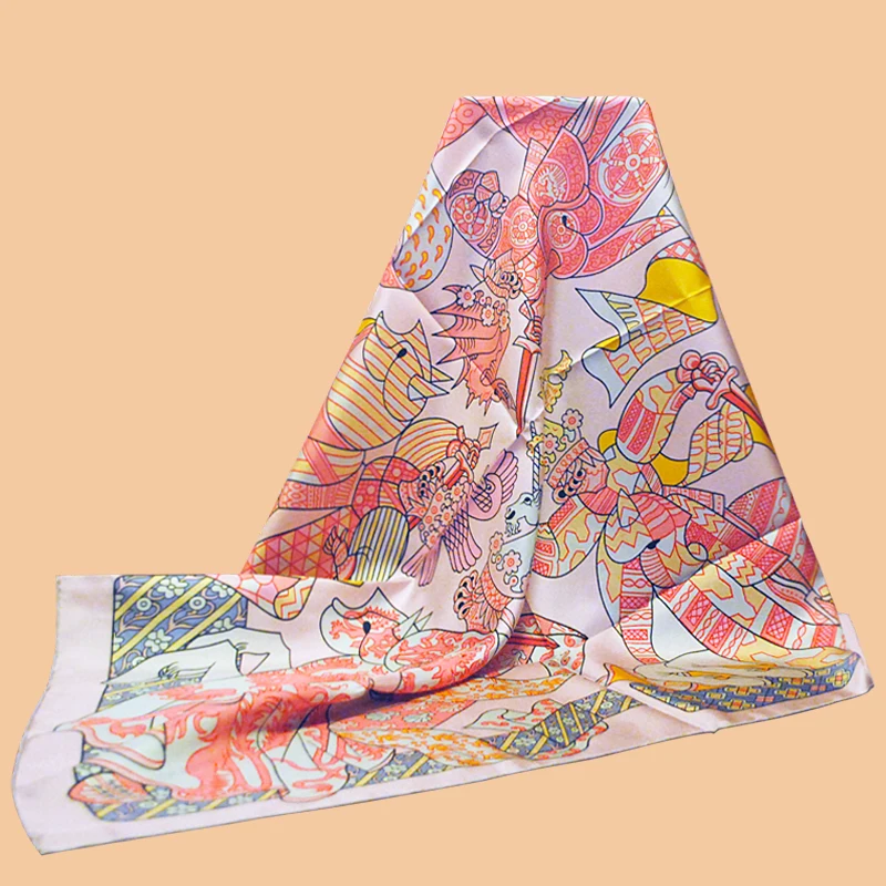 

HuaJun 2 Store|| Little girl pink "Duels Oniriques" 90 silk square scarf Twill inkjet scarf Hand-rolled