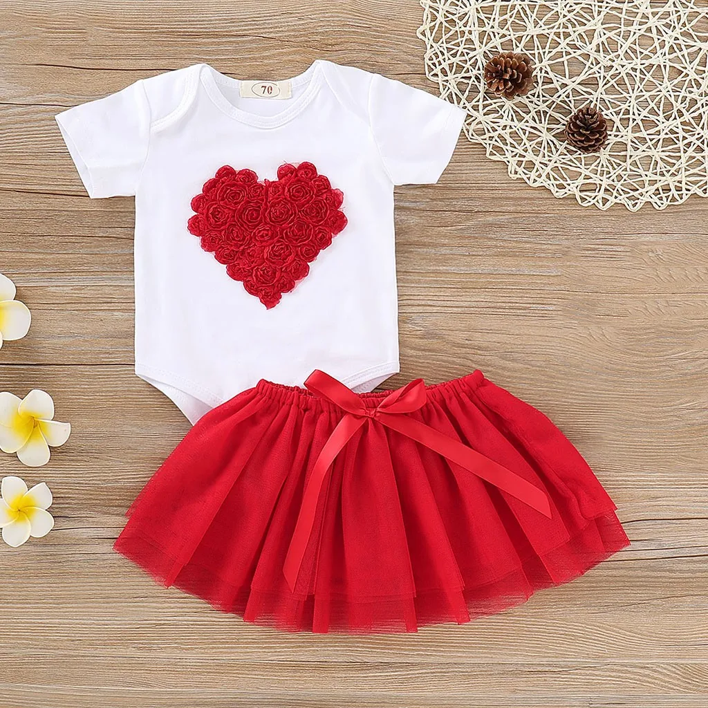 

2019 FASHION Newborn Baby Girls Outfits Cotton Baby Valentines Outfit Heart-Shaped Rose Romper+Tutu Skirt Set L1228