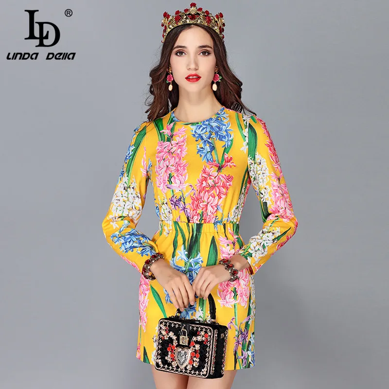 

LD LINDA DELLA Runway Designer Autumn Dresses Wome's Long Sleeve elastic Waist Casual Yellow Floral Print Short Dress vestido