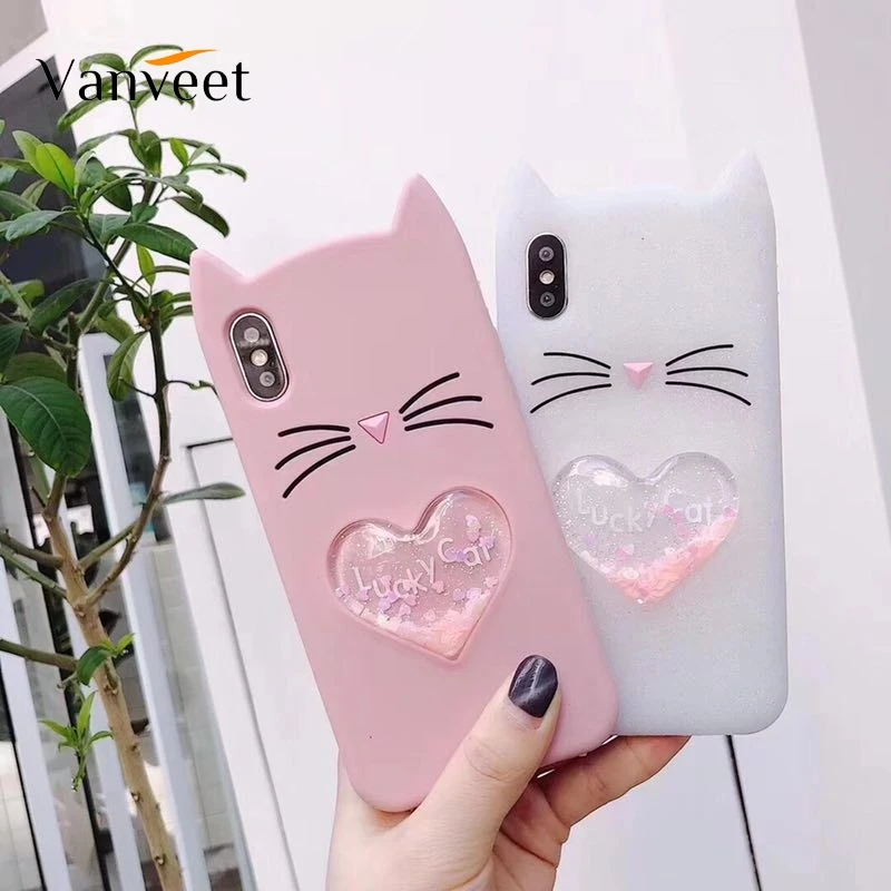 

Phone Case For iPhone 7 8 X Cases Cute Cartoon Love Heart Glitter Cat Ear Coque Cover For iPhone 6S 6 5 5S 7 8 Plus XR XS Max