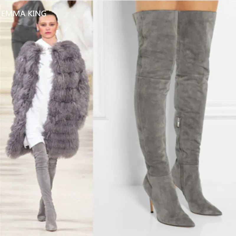 

Sexy High Heels Thigh High Boots For Women Solid Suede Pointed Toe Thin Heels Botas Mujer Over The Knee Stilettos Ladies Shoes
