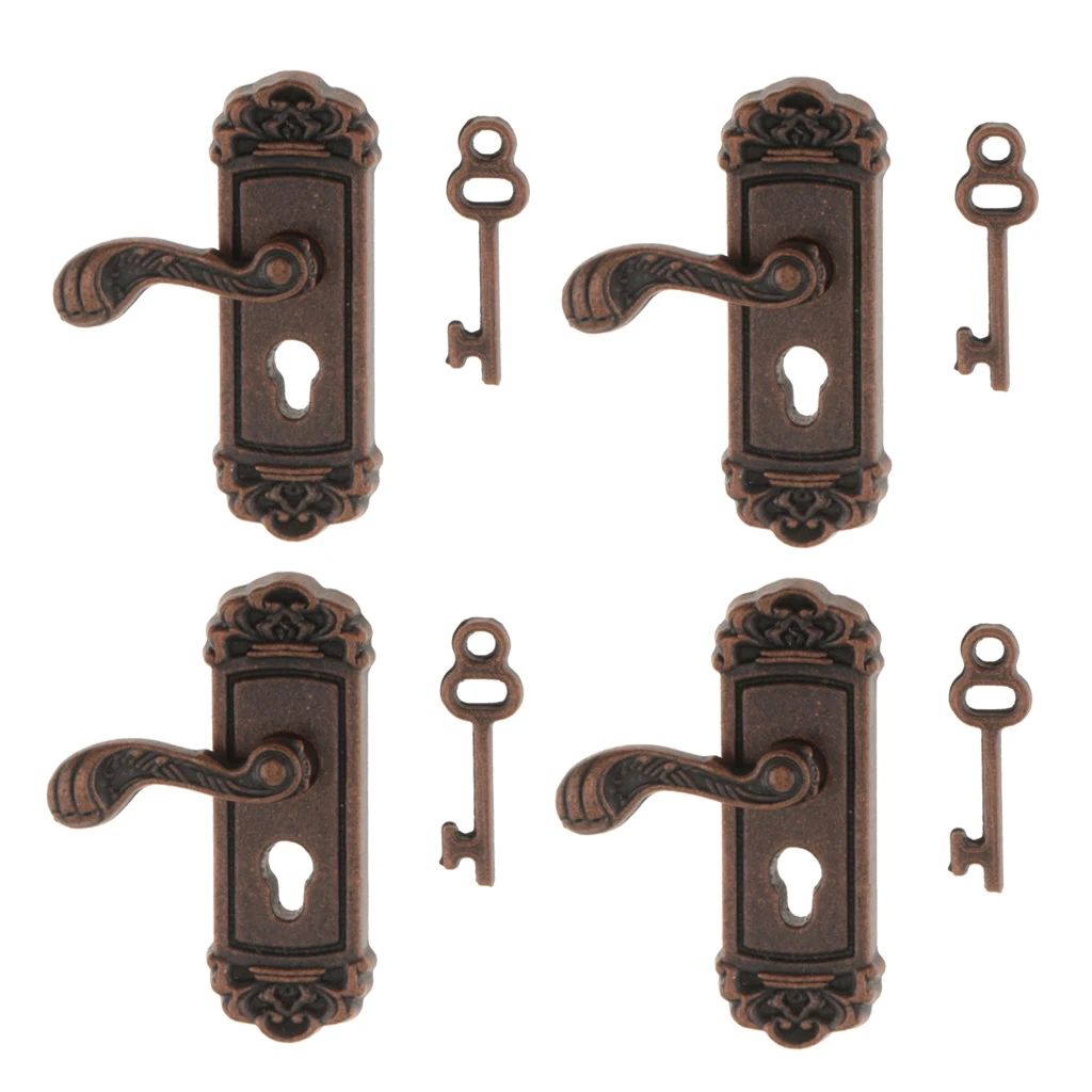 4 pcs 1:12 Vintage Metal Door Knob Plate Key Set Locks with Handle & Keys Dollhouse Miniature Left Handle