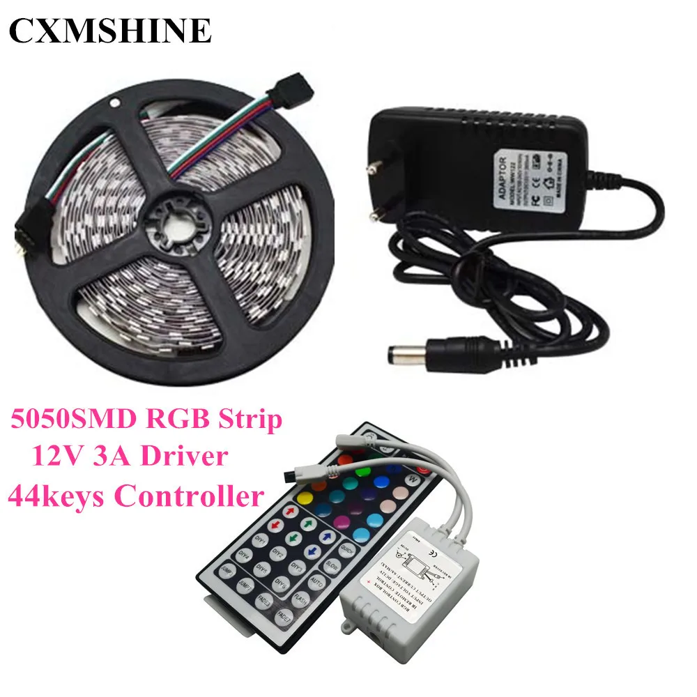 

5M SMD RGB 5050 tape light Non-Waterproof 300LED Strip Light 44 Key Remote controller DC12V 3A Power adapter EU/US led strip kit