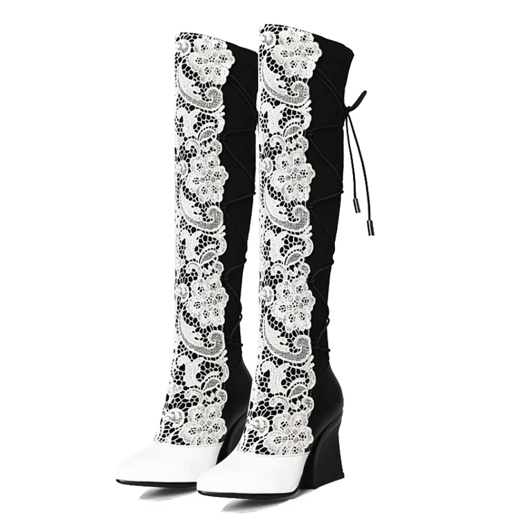 Black / White 2017 winter women' Mixed Colors Wedges Pointed Toe Riding boots Fashion Sexy Over-the-Knee Boots for women