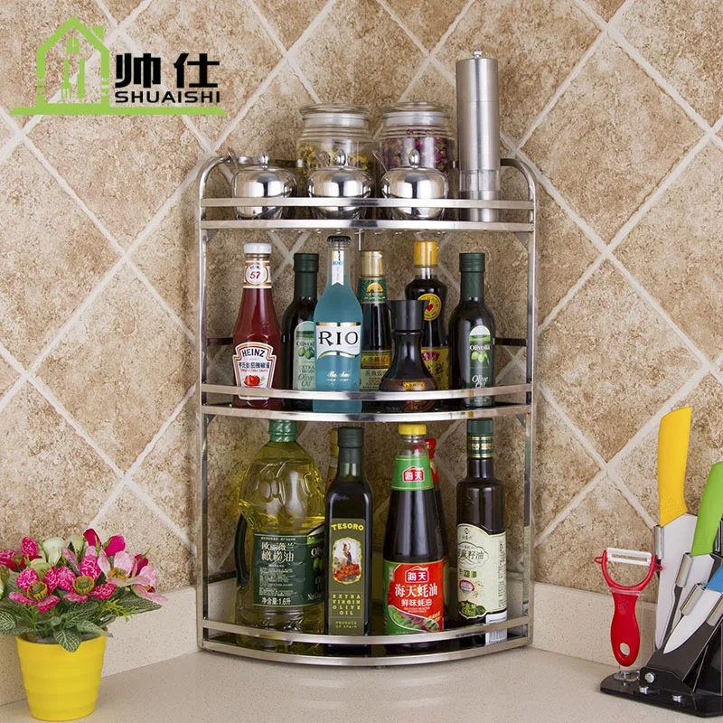 Stainless steel wall shelf corner shelf spice rack tripod kitchen storage rackin Storage