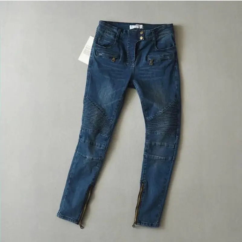 2017 new arrival Cotton Elastic Pencil Jeans Pants Pleated on knee retro zipper motorcycle Women jeans