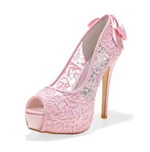 Sexy see through lace perspective high heel stiletto platform peep open toe shoes summer style bow pumps pink black white ivory