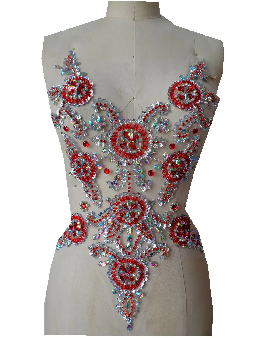 

Handmadesky red/clear AB colour sew on Rhinestones applique on mesh crystal patches with stones sequins beads 45*35cm