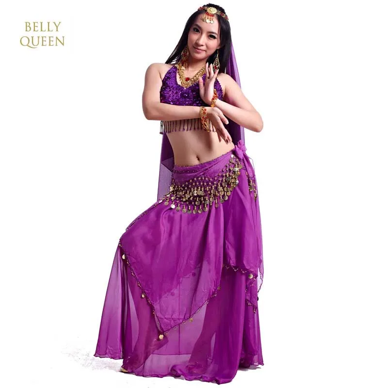 Живота Танцы костюм Лидер продаж Для женщин костюм для танца живота Танцы костюмы топ и юбка и пояс и вуаль и Headchain одежда для сцены юбка - Цвет: Purple