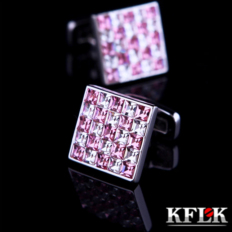 

KFLK Jewelry French shirt cufflink mens Brand Pink and White Crystal Cuff link Luxury Wedding Button High Quality guests