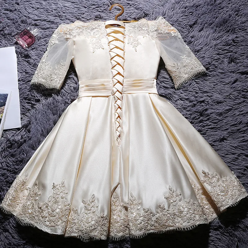 US $40.92 Robe De Soiree 2020 Boat Neck Short A Line Banquet Reflective Dress Bridesmaid Dress Lace Elegant Formal Champange Prom Dress