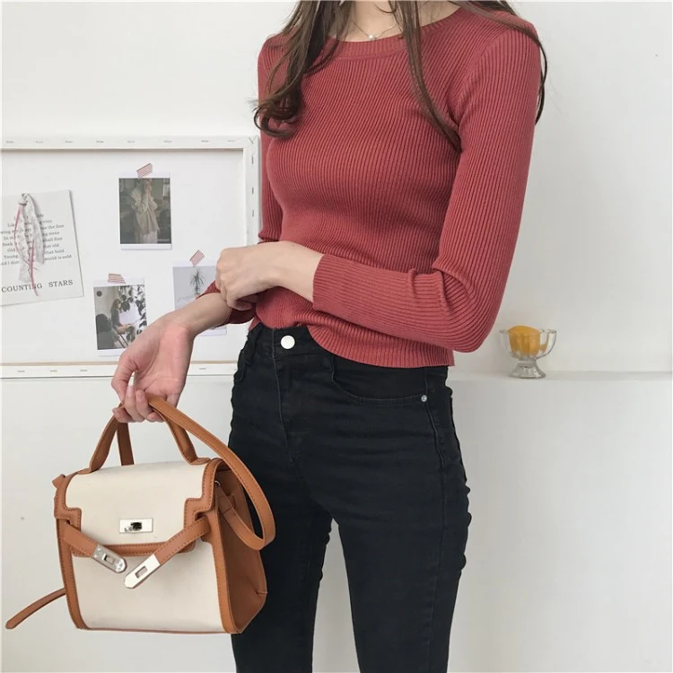 Colorfaith New Autumn Winter Women's Sweaters V-Neck Minimalist Slim Bottoming Tops Korean Style Solid Multi Colors SW5516 - Цвет: Бургундия