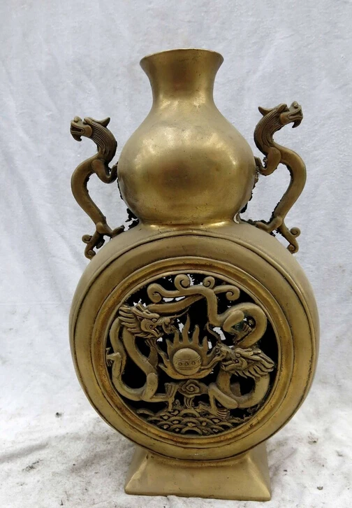 

13" China brass copper carved finely lucky two play bead Vase Sculpture Statue