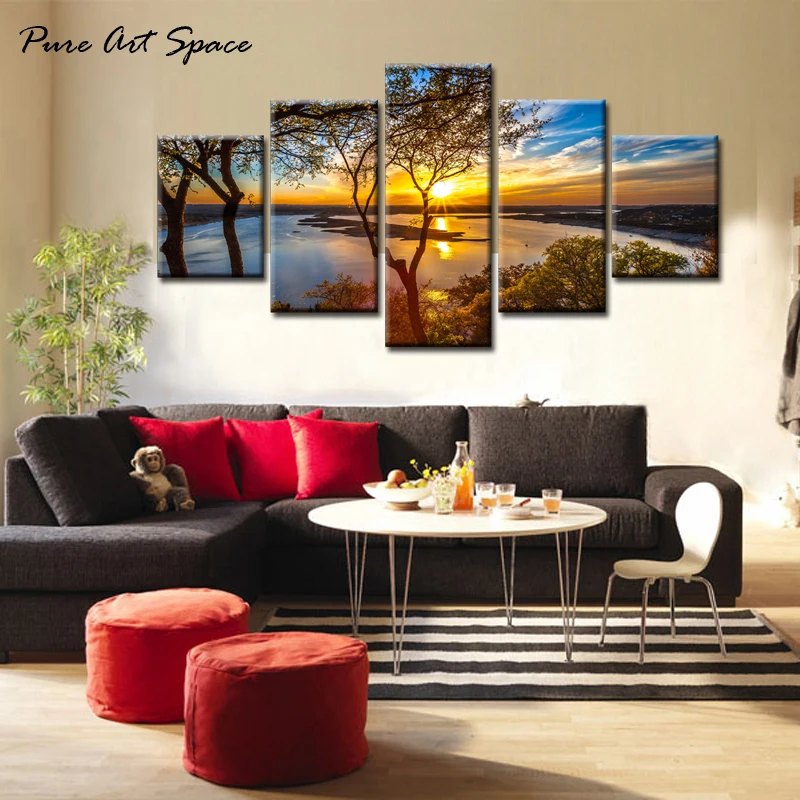 

Sunset Landscape Canvas Painting with Lake Tree Print Wall Art Decor For Living Room Office Bed Room Office Custom Drop shipping