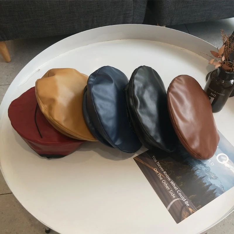 

Autumn Winter Retro PU Leather Beret Hats Women Adjustable wild Fashion pumpkin painter hat solid color warm Lady Beret cap