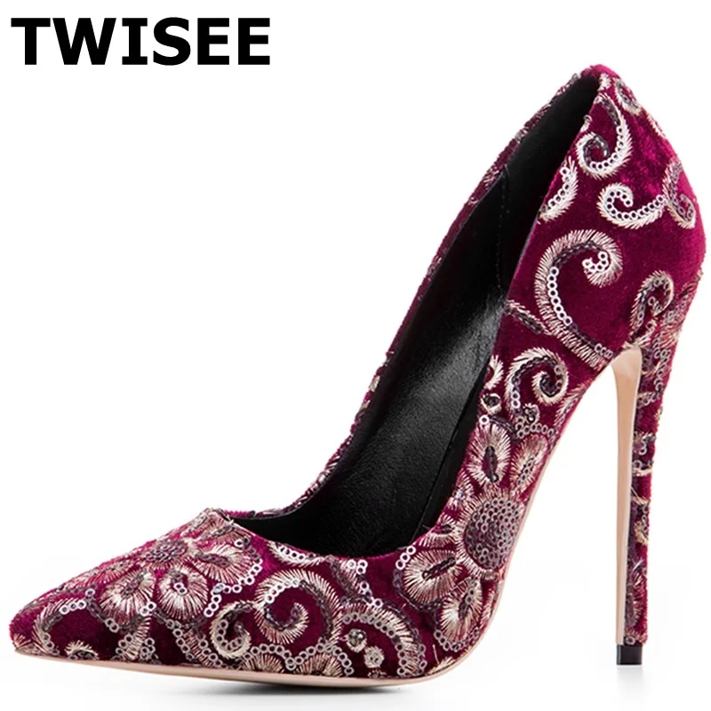 

TWISEE Size 34-43 Appliques Women Shoes Pointed Toe Pumps Flock Dress Shoes High Heels 12cm Shoes Wedding shoes zapatos mujer