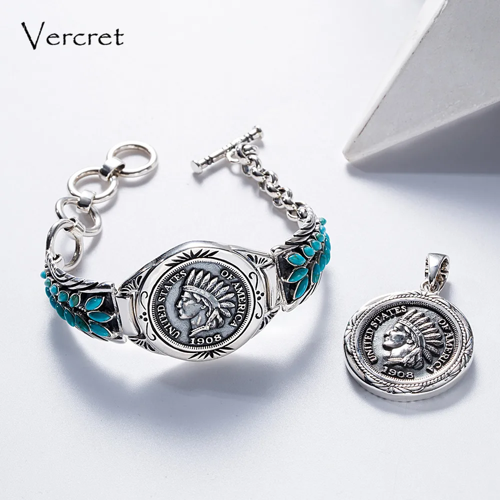 

Vercret Vintage Native American 1908 Solid Grade Indian Head Penny Bracelet Bangle for Turquoise 925 Silver Jewelry Bracelet