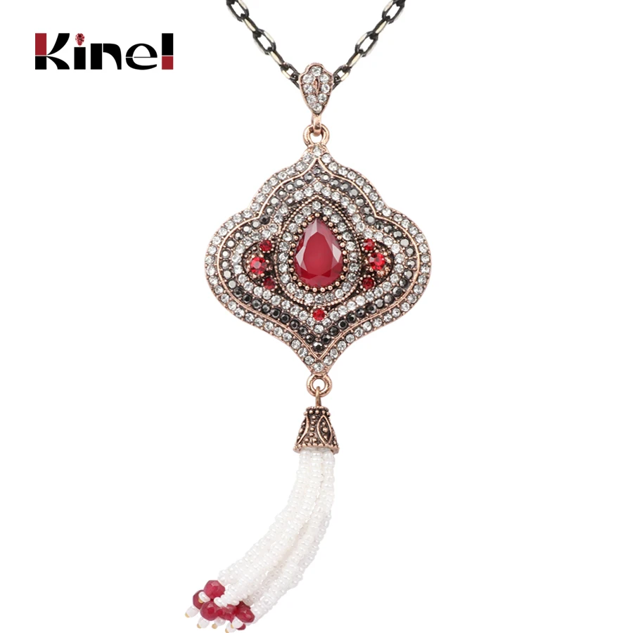 

Kinel Hot Tassel Necklaces For Women Antique Gold Handmade Beaded Geometric Red Crystal Vintage Necklace Festival Party Gift