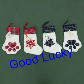 

10pcs/lot free shipping wholesale pets Christmas dog paw plaid stocking monogram X-mas stocking 4 styles kids candy gift bags