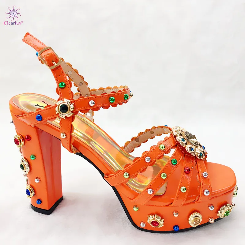 Orange Color Rhinestone Italian Women Wedding Shoes African Party Shoes Summer Women Slipper Pumps Shoe Italian Elegant Shoes afbeelding
