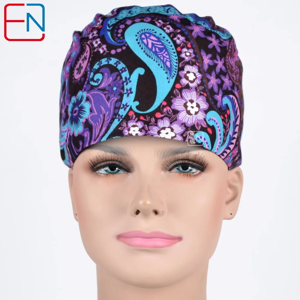 Hennar Women Medical Hats Masks Caps Cotton Purple Print Doctors