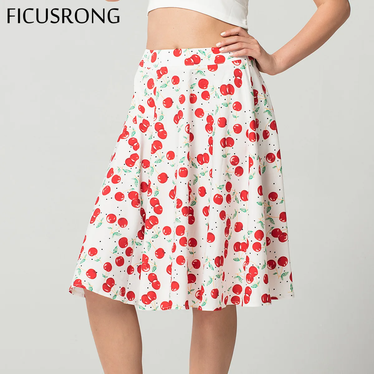 

2019 Summer Women Casual High Quality Sweet Skirt Fashion Cherry Print Streetwear Knee-Length Vintage Pleated Skirt FICUSRONG