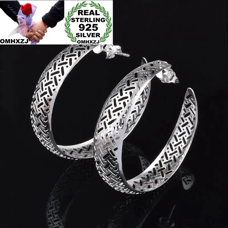 

OMHXZJ Wholesale Personality Fashion OL Woman Girl Wedding Silver Hollowed Wide Round 925 Sterling Silver Hoop Earrings YE466