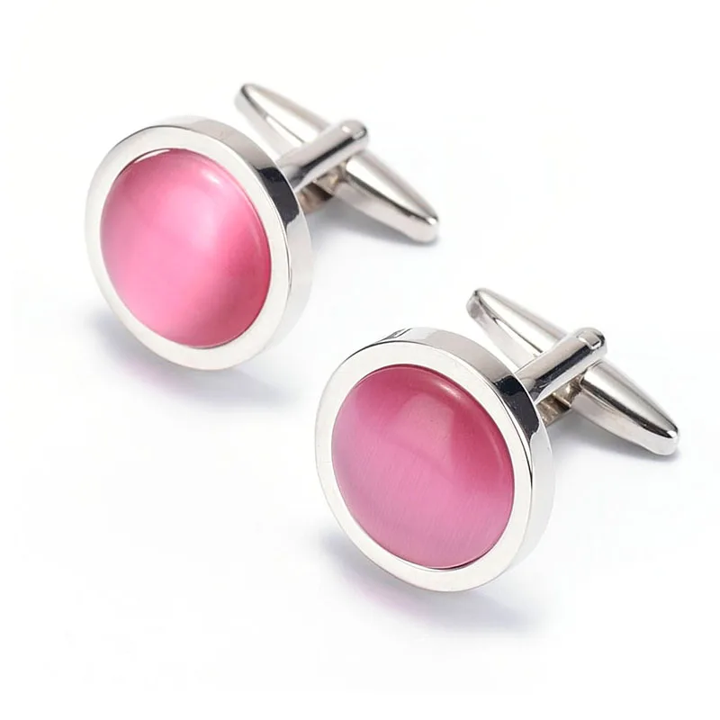 KBAP Men's Elegant Cufflinks Pink Opal Round Cuff Links Tuxedo Shirt