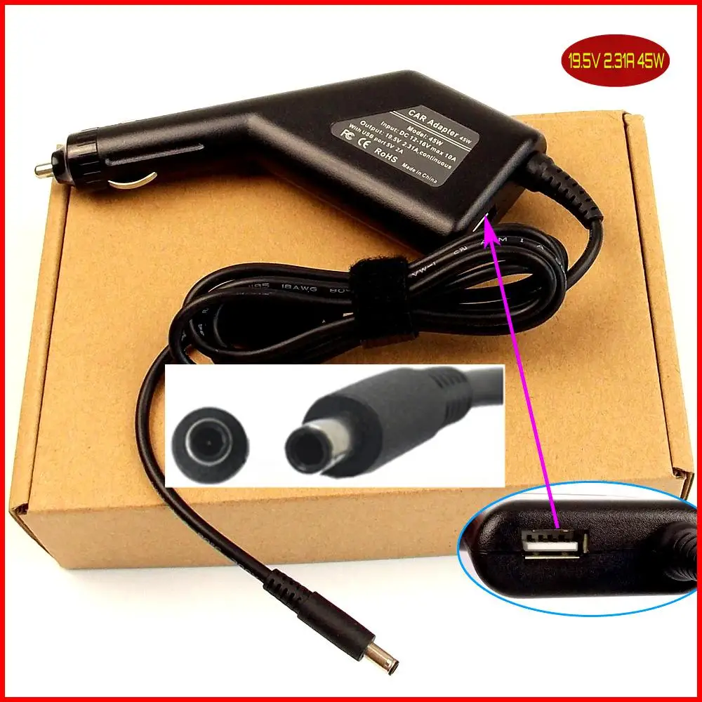 Laptop Dc Power Car Adapter Charger 19.5v 2.31a + Usb Port For Dell Xps