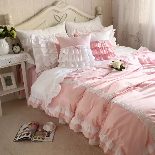 New Sweet Lace Pink Bedding Set Patchwork Ruffle Duvet Cover