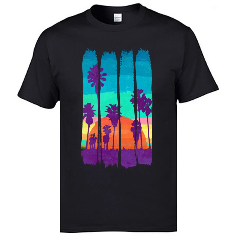 FunnyNormal Short Sleeve Tops Shirt Autumn Latest O Neck Pure Cotton T Shirt Man T-Shirt Normal  Wholesale Vintage Brush Strokes Miami Beach Summer Sunset black