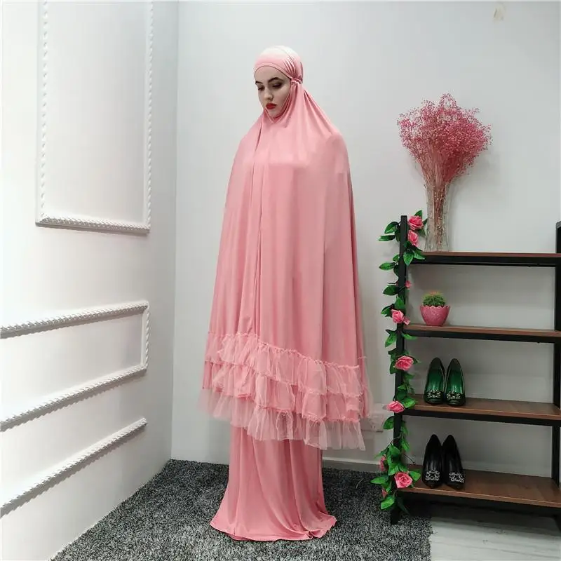 2 Piece Women Prayer Hijab Dress Dubai Muslim Khimar Jilbab Overhead Abaya Clothing Ramadan Skirt Kaftan Solid Color Set Islamic