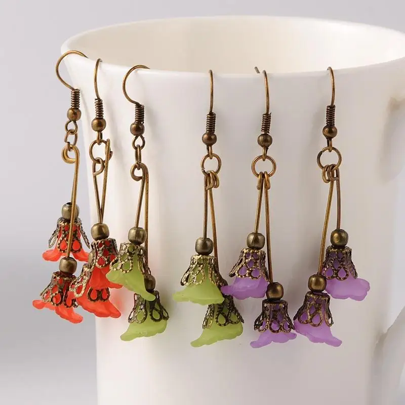 Dangling Transparent Acrylic Flower Pendant Earrings, with Iron
