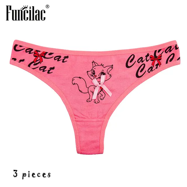 FUNCILAC Underwear Women Cartoon Kitty Thongs Cotton Sexy G Strings