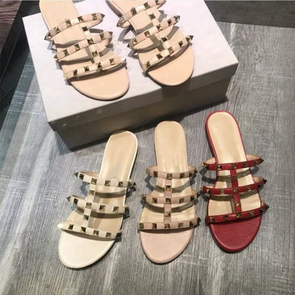 

Stkehidba Fashion Summer Rivet Women Shoes Slippers Solid Round Toe Rivet Flat With Women Summer Slippers Genuine Leather Shoes